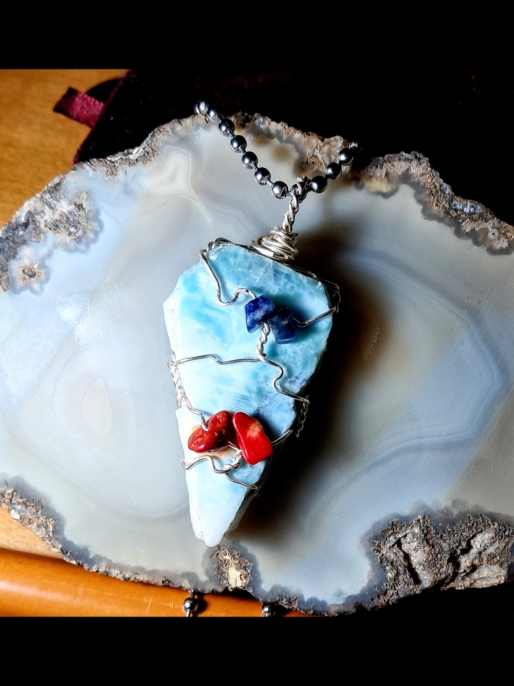 Blue Calcite Handmade Wire Wrapped w/ Natural Stone Beads Pendant Necklace